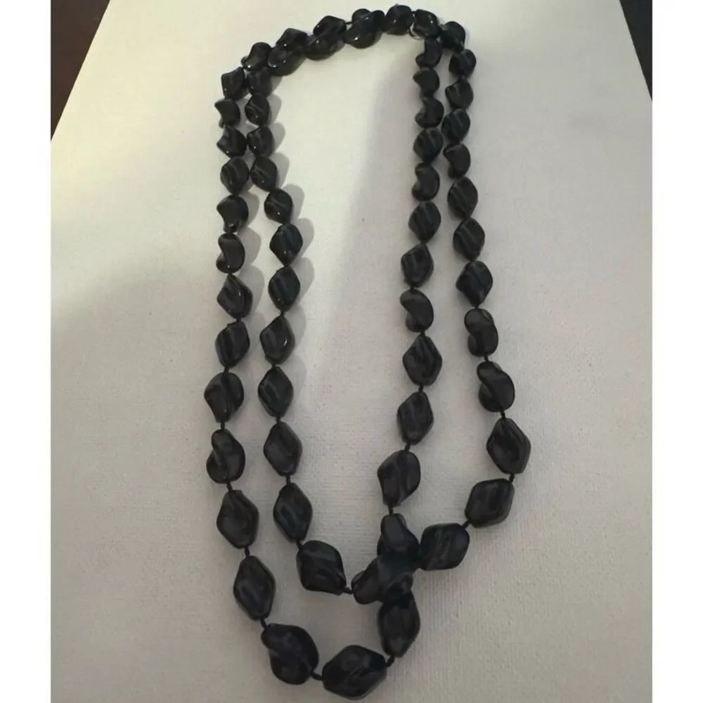 90s Vintage Womens Black Extra Long Pebble Beaded Opera Rope Necklace Y2K Grunge